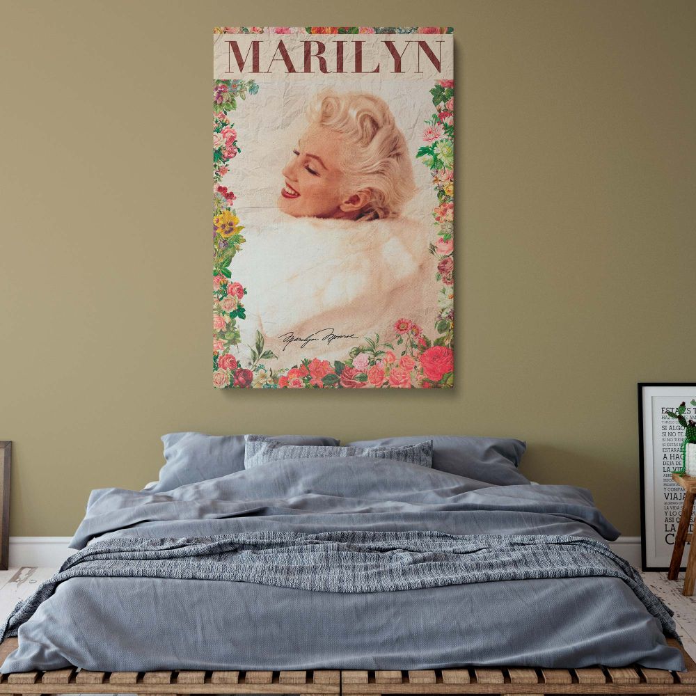 Marilyn Monroe framed by blooming florals in a textured canvas poster creates vintage floral portrait wall art that merges romance and retro photo print charm ideal for stylish feminine spaces and old Hollywood fans.