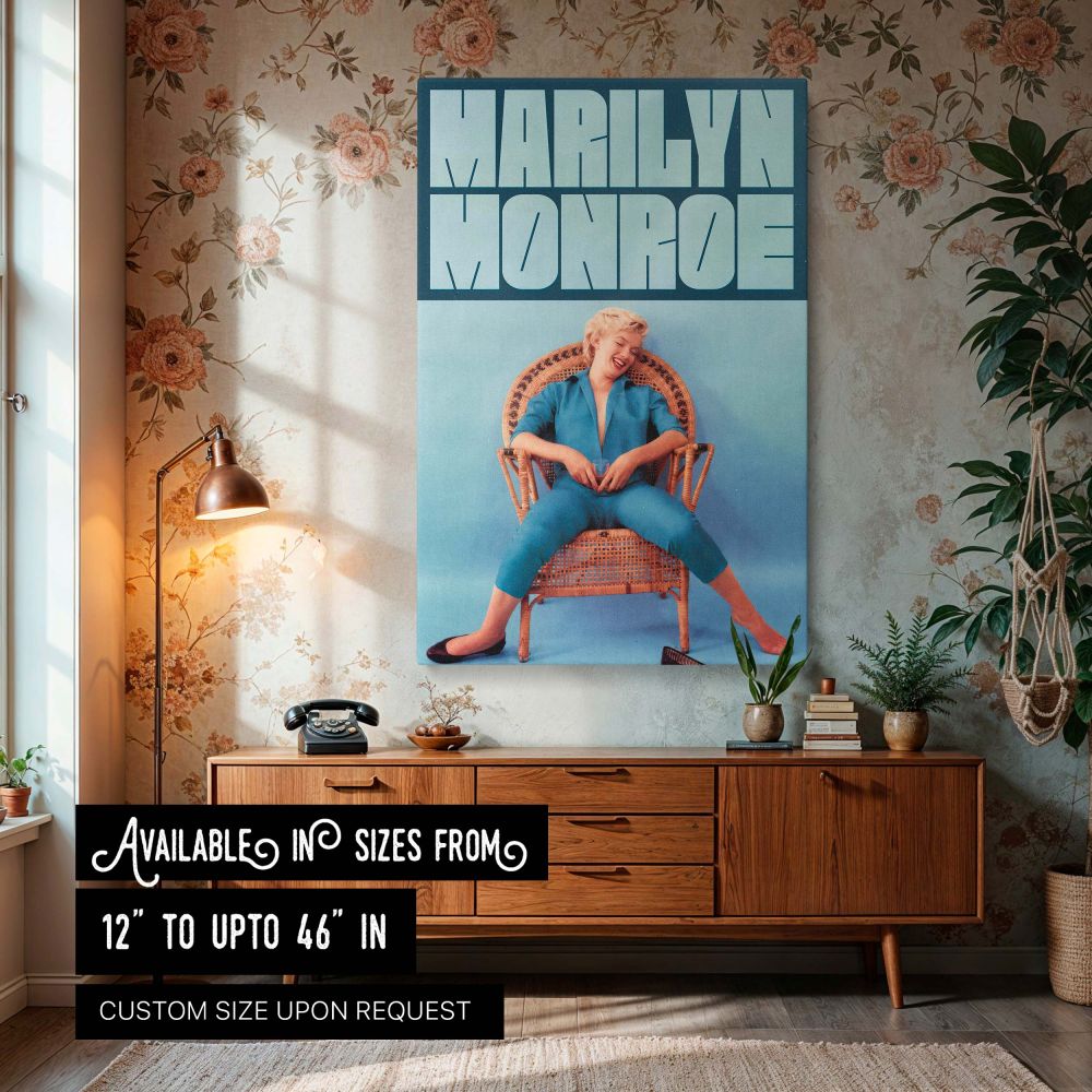 Marilyn Monroe retro wall art featuring her in a blue jumpsuit smiling in a relaxed pose on a wicker chair adds vintage Hollywood style to any space with a playful and empowering touch perfect for fans of iconic beauty and old Hollywood glamour.
