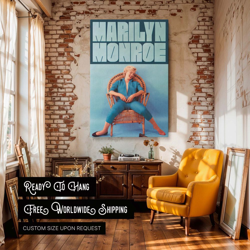 Marilyn Monroe art in a vibrant retro blue jumpsuit leaning back on a woven chair with effortless grace and confidence perfect for vintage wall decor lovers who admire playful classic Hollywood icons in rare candid moments.