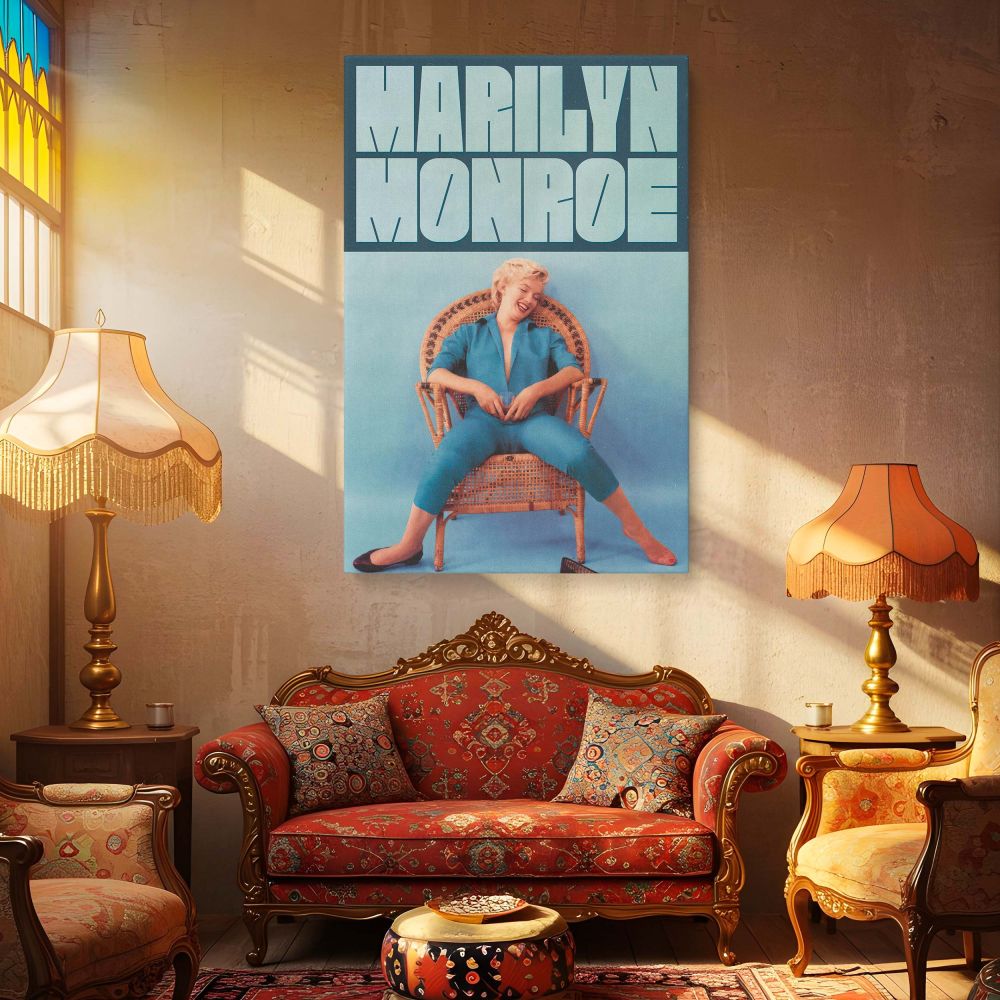 Vintage style Marilyn Monroe wall art print features the film icon in a unique laid-back pose wearing a chic blue jumpsuit ideal for retro home aesthetics and collectors of timeless Hollywood charm and Monroe memorabilia.