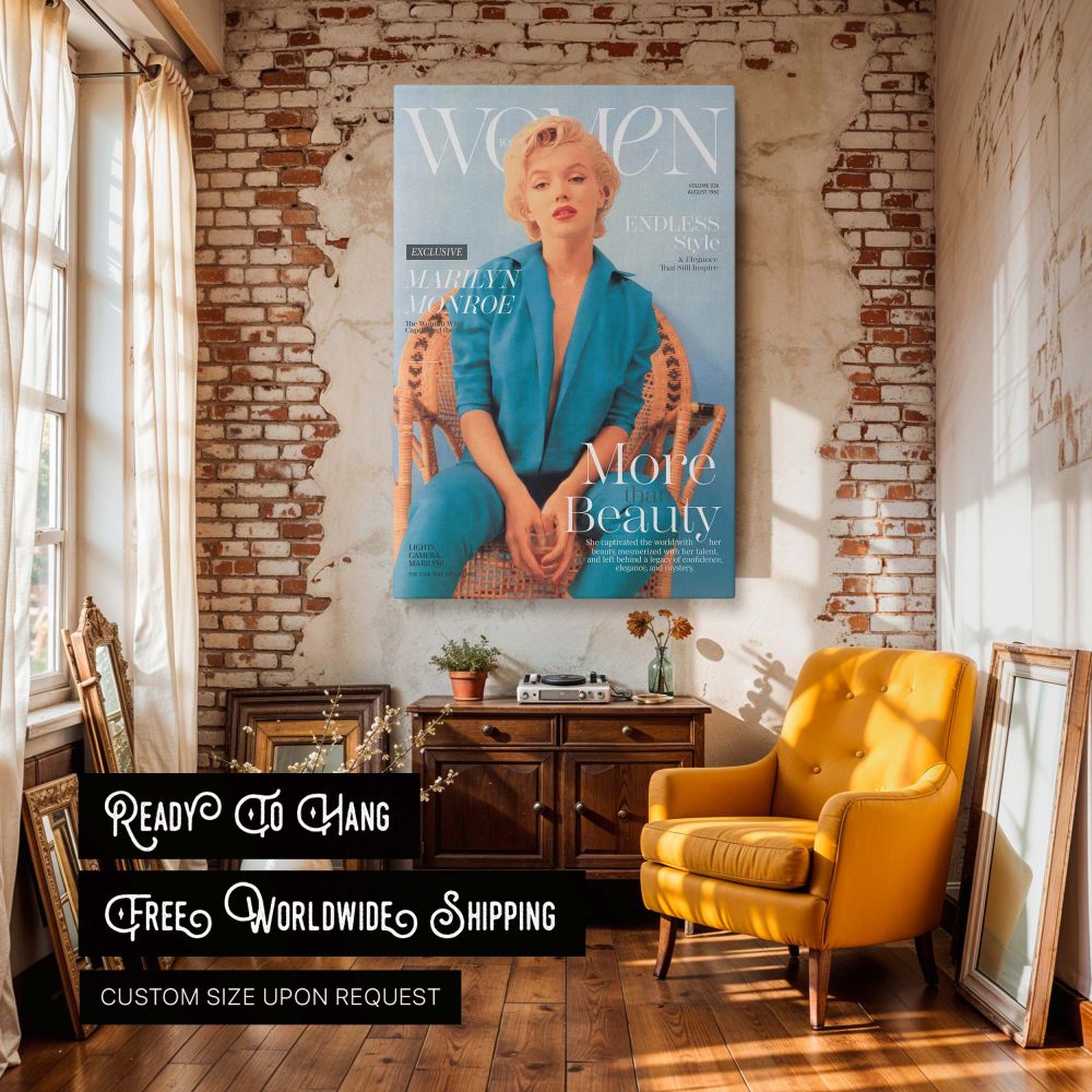 Retro fashion meets Hollywood legend in this Marilyn Monroe fashion poster where she is seen in a stylish blue outfit against a pastel backdrop seated with grace offering a perfect blend of vintage wall decor and classic film star allure ideal for old mov