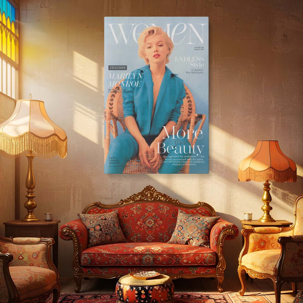 A glamorous image of Marilyn Monroe in a bold blue pantsuit posed in a wicker chair with magazine cover headlines designed for vintage wall decor lovers this fashion poster celebrates the elegance of old Hollywood glam and brings iconic beauty into stylis