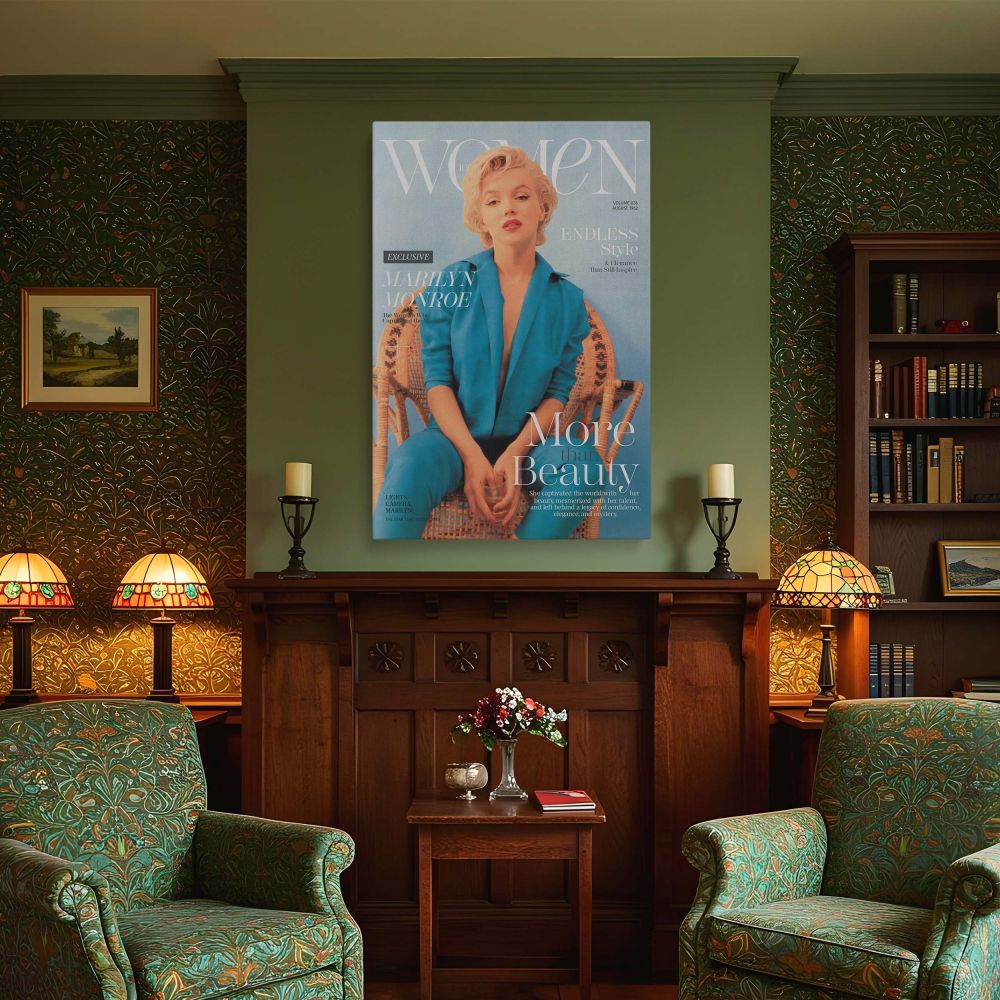 Featuring Marilyn Monroe dressed in a sleek blue pantsuit this magazine-style fashion poster captures timeless elegance and bold femininity making it a must-have for fans of vintage wall decor old Hollywood glam and anyone inspired by confident women in m