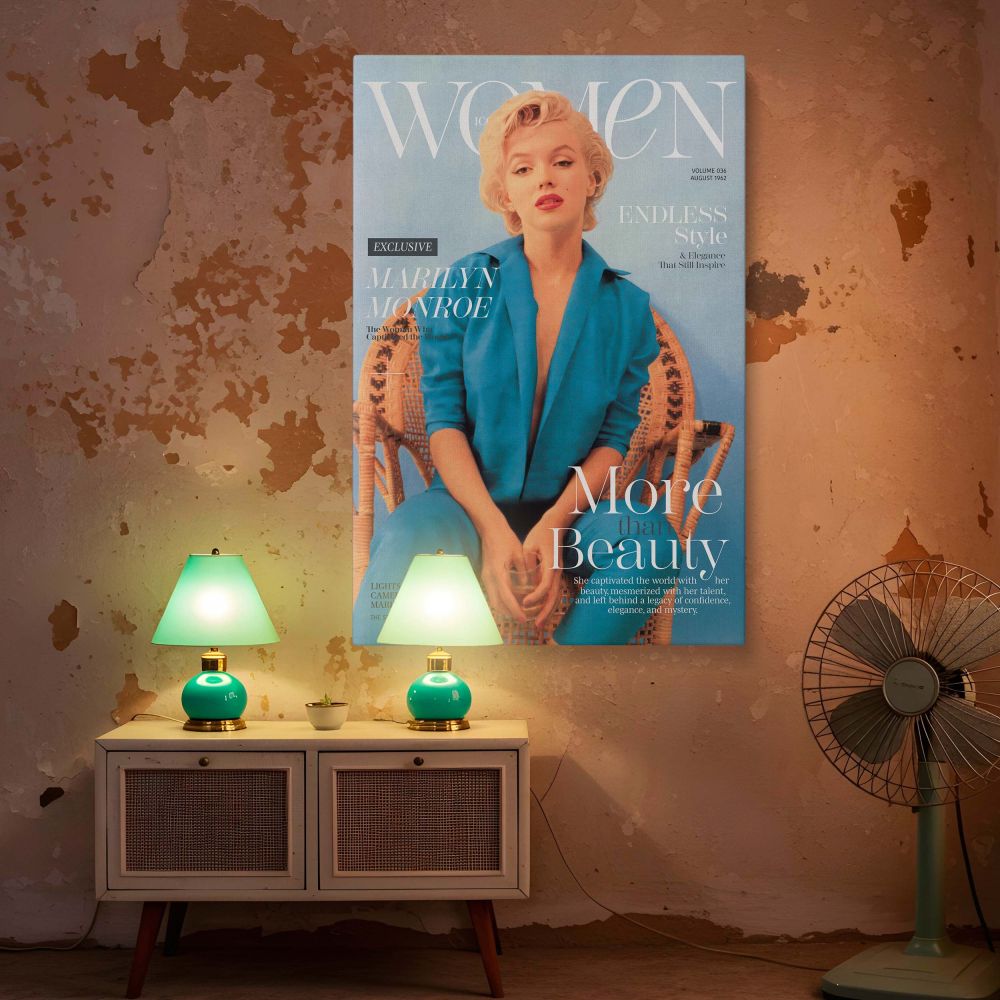 Magazine-inspired art print of Marilyn Monroe in a tailored blue outfit sitting on a rattan chair designed as a high fashion poster perfect for vintage wall decor collectors lovers of classic Hollywood glam and those who appreciate iconic beauty captured 