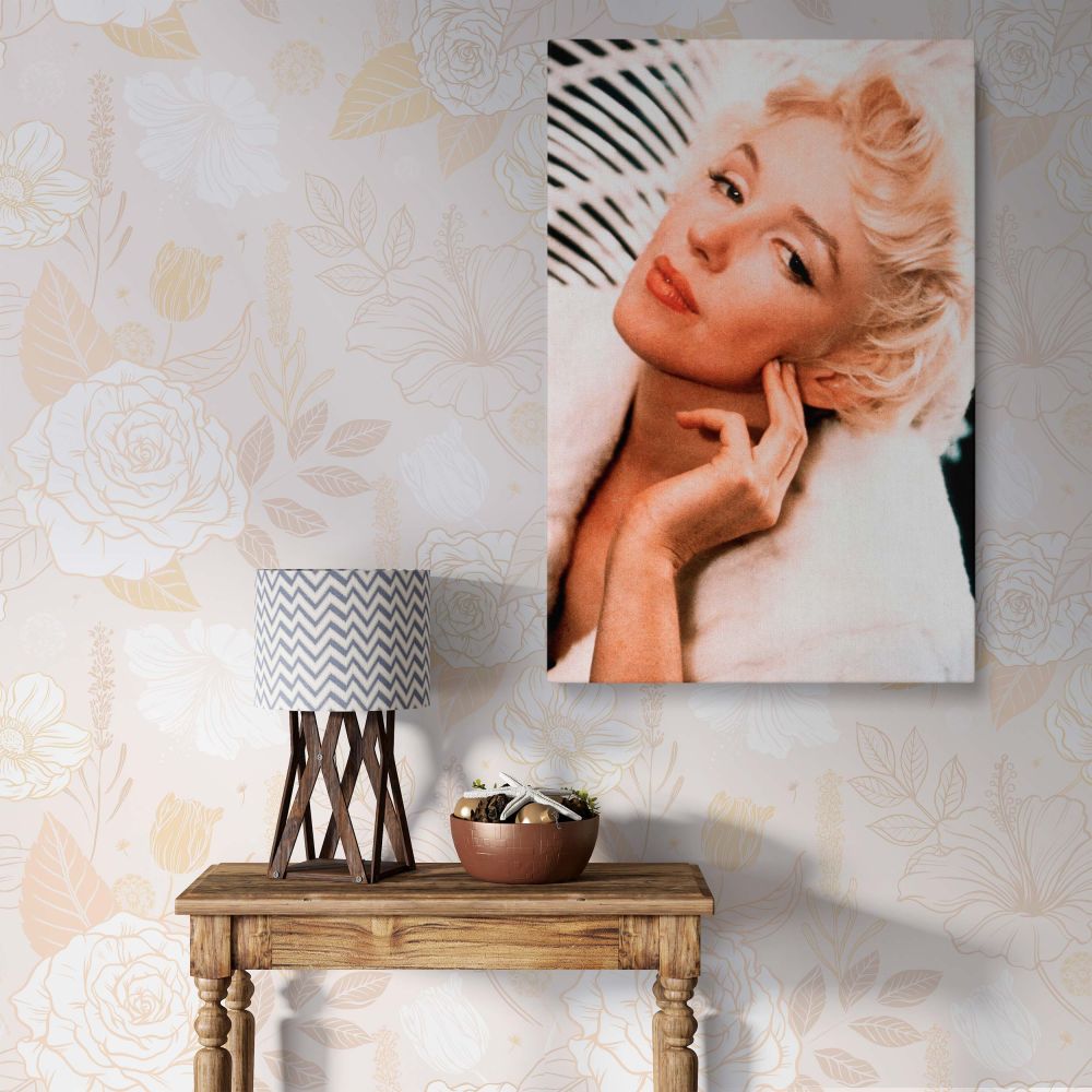 Marilyn Monroe vintage portrait in white fur coat with soft makeup and retro Hollywood charm perfect for 1950s wall decor and actress print.