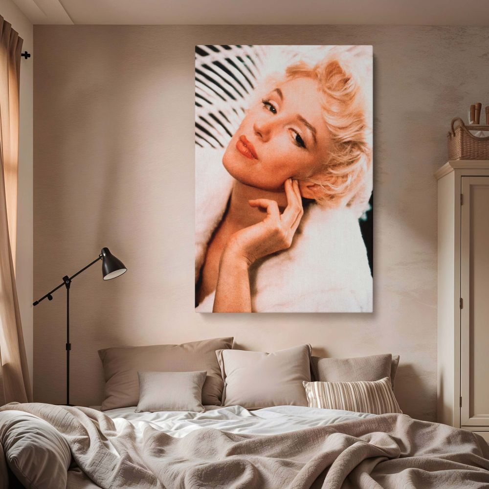 Elegant photo of Marilyn Monroe in a fur coat with iconic blonde hair and red lips great for vintage glamour art and retro fashion lovers.