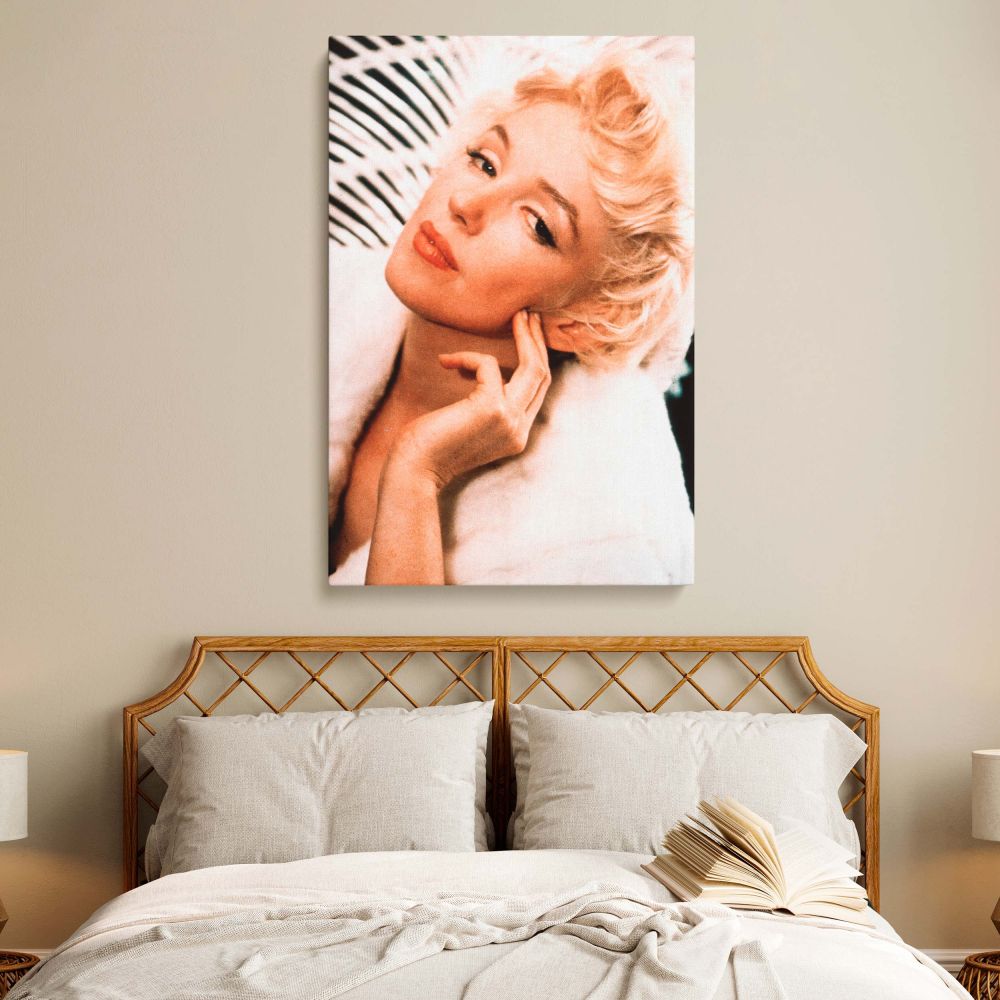 1950s style Marilyn Monroe image showing her in a white fur coat looking graceful and poised as part of retro Hollywood portrait decor.