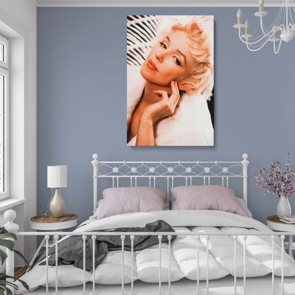 Marilyn Monroe close-up portrait in classic fur coat showcasing vintage beauty and timeless elegance ideal for wall decor prints.