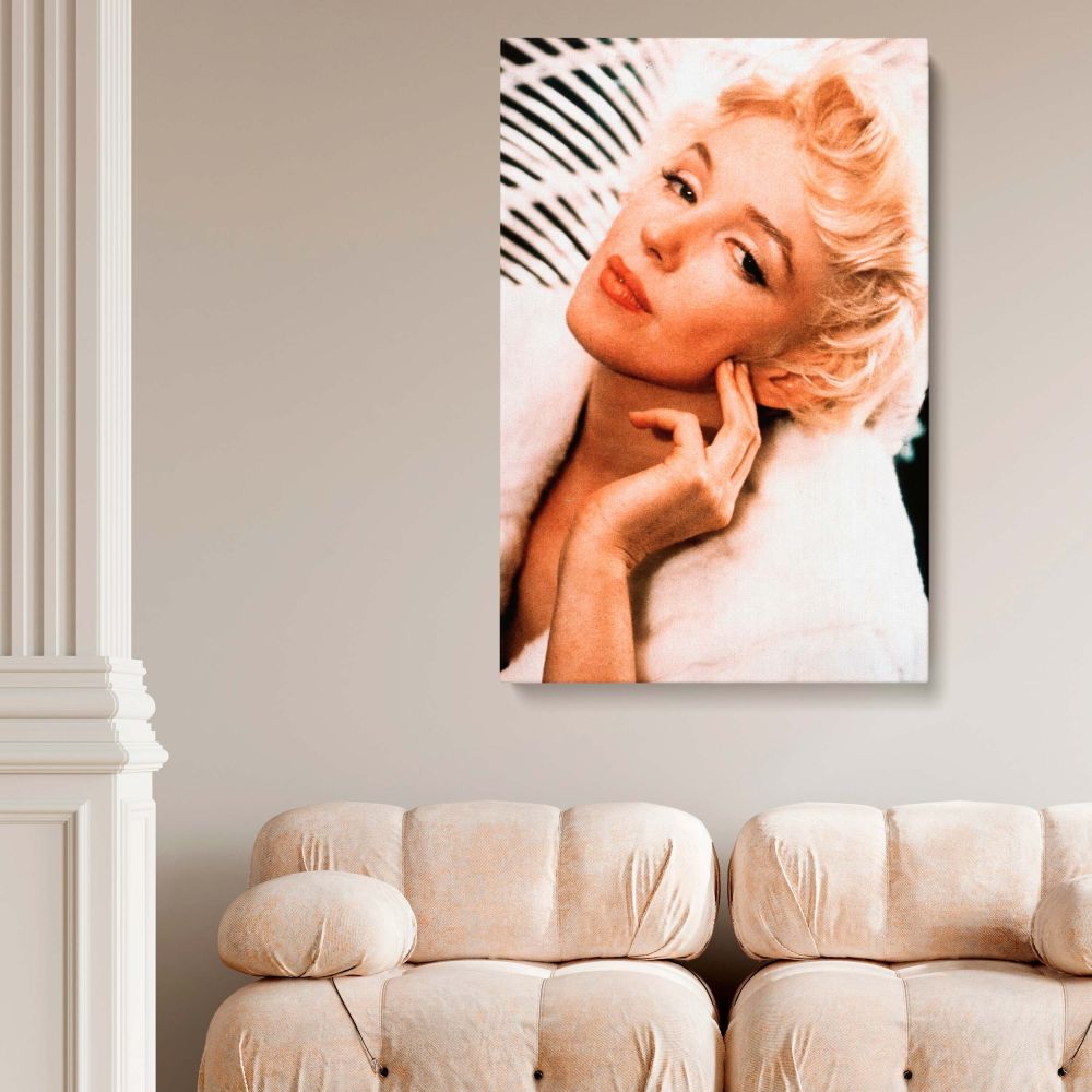 Iconic Hollywood actress Marilyn Monroe in glamorous retro portrait with fur coat and zebra background perfect for vintage home styling.