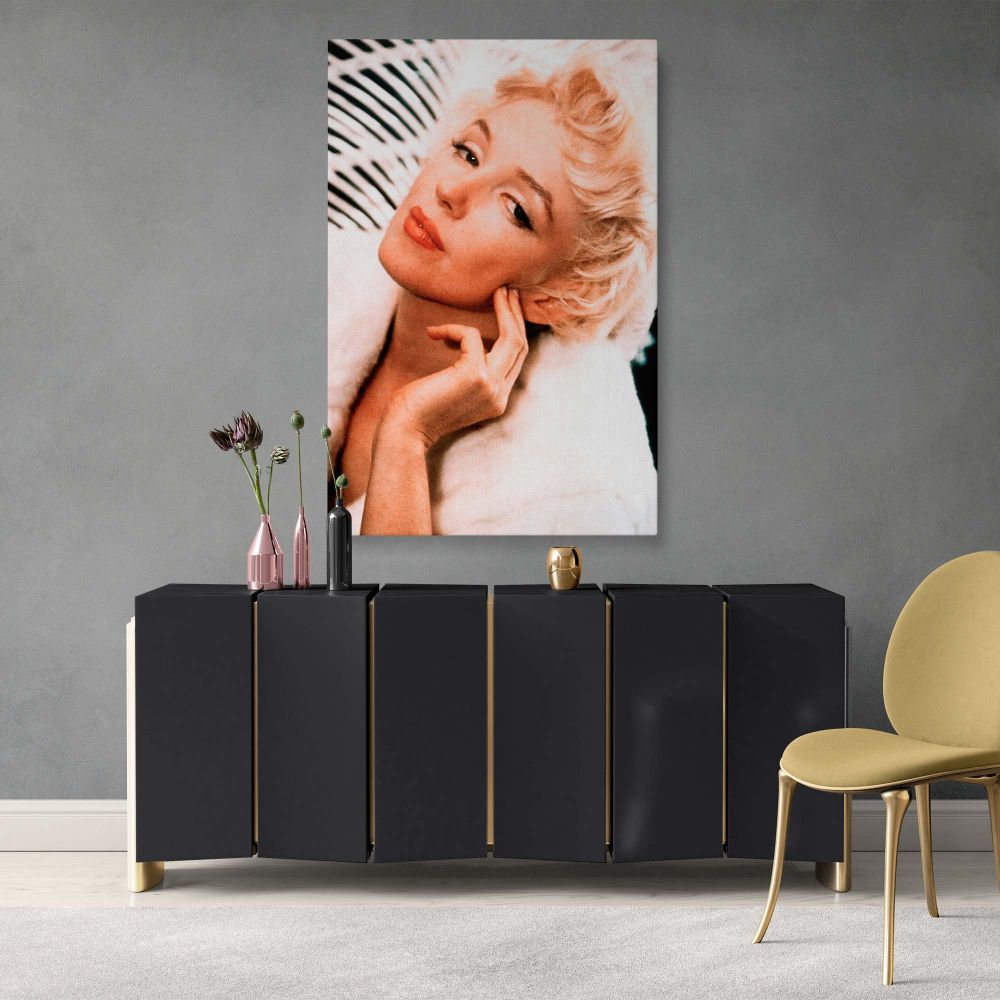Beautiful actress print of Marilyn Monroe draped in white fur great for boudoir decor and nostalgic 1950s inspired wall art.