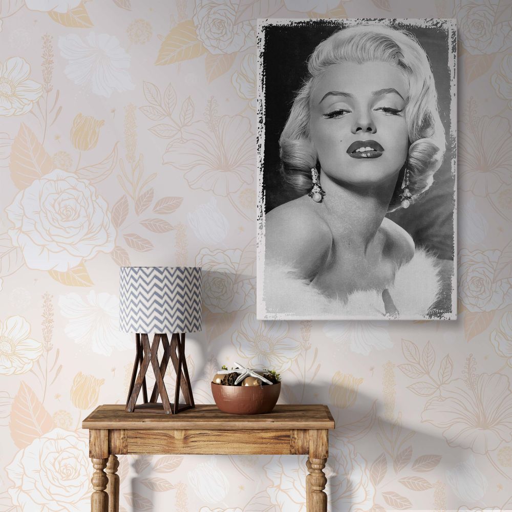 Marilyn Monroe glamorous black and white portrait with fur stole and earrings captured in a timeless pose perfect for vintage Hollywood canvas lovers and retro wall print fans seeking classic actress home decor.