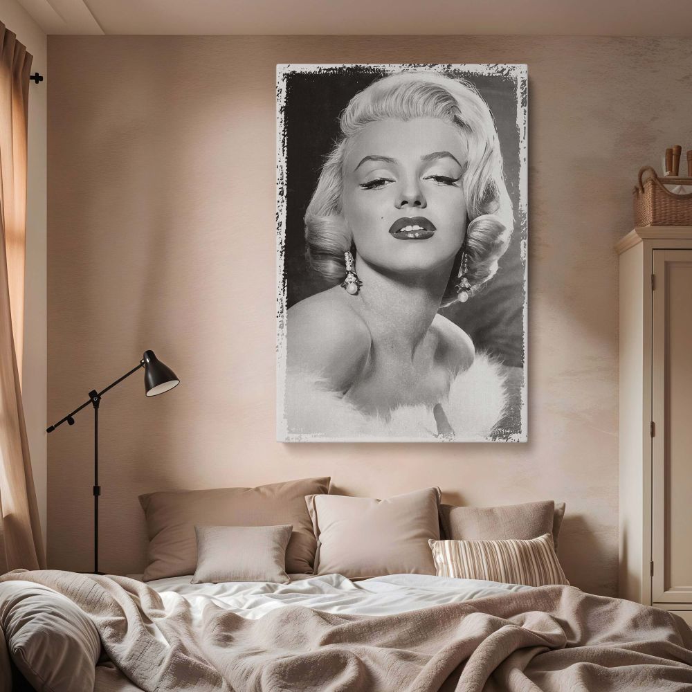 This vintage Hollywood canvas features Marilyn Monroe in a glamorous fur stole black and white portrait ideal for classic actress home decor and stylish retro wall print collectors.
