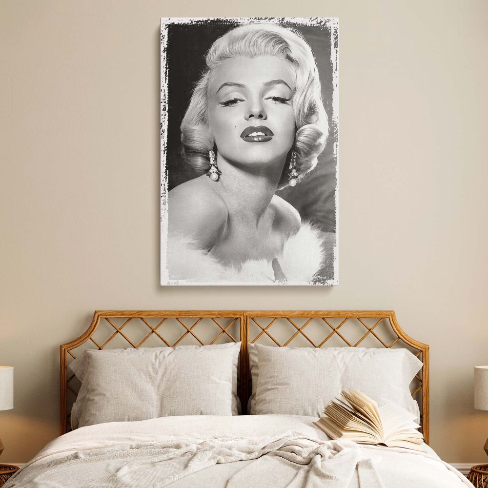 Glamorous black and white portrait of Marilyn Monroe wearing fur and earrings printed on canvas for vintage Hollywood decor and retro wall print displays.