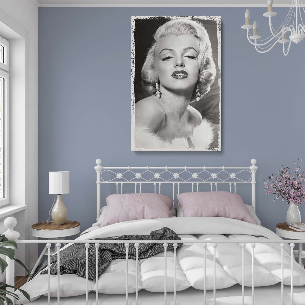 Marilyn Monroe canvas print in black and white featuring bold makeup and fur stole perfect for retro wall print lovers and classic actress home decor.