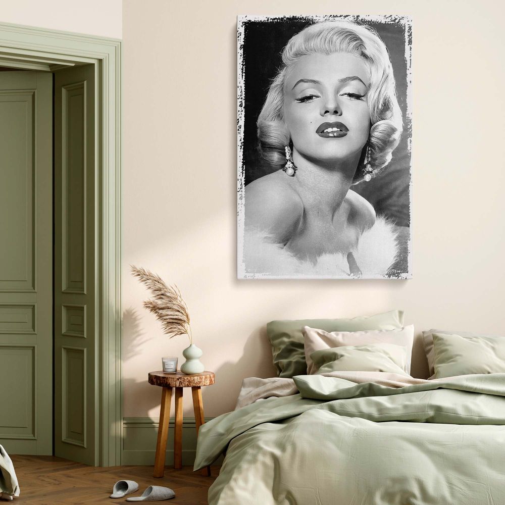 Elegant black and white photo of Marilyn Monroe wrapped in fur with earrings perfect for classic actress home decor and retro Hollywood canvas collectors.