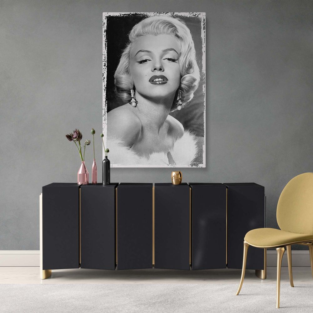 Marilyn Monroe vintage Hollywood canvas in black and white with textured border and fur stole ideal for film star wall decor and retro wall print lovers.
