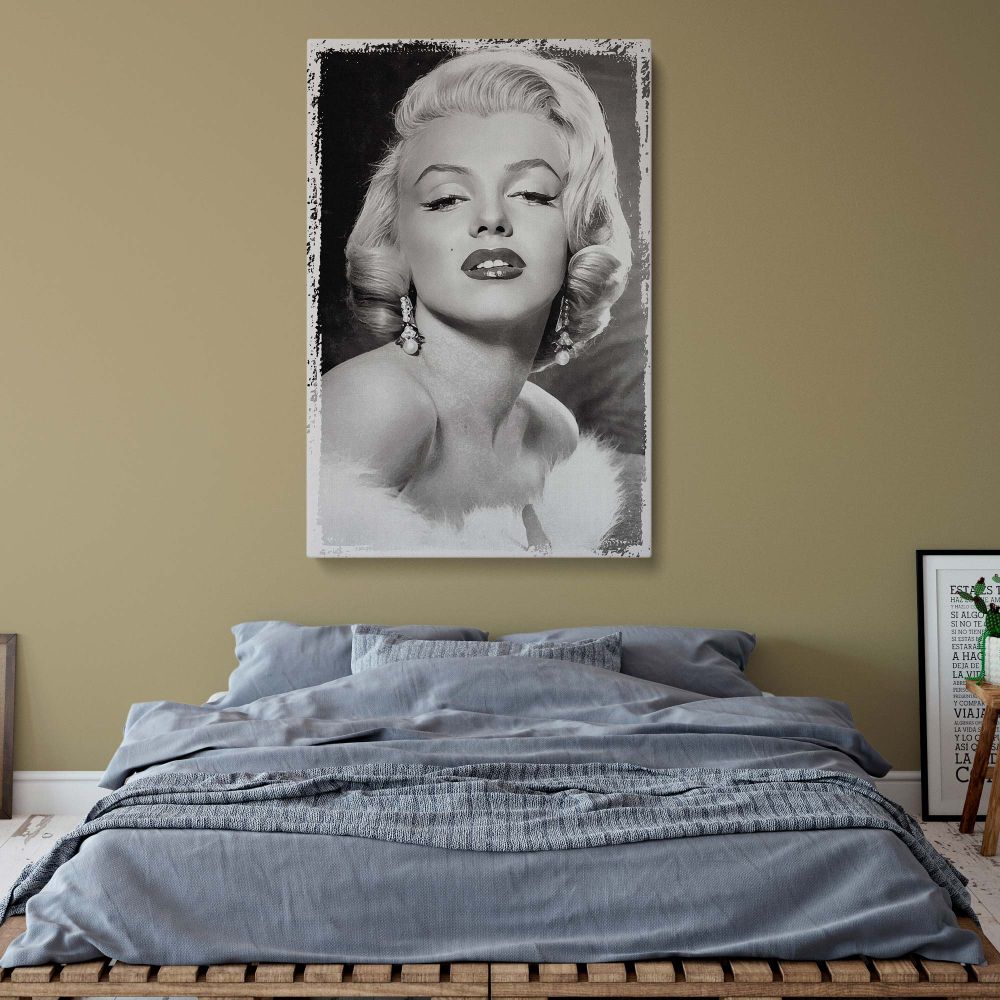Classic actress portrait of Marilyn Monroe with glamorous styling in black and white fur stole for fans of vintage Hollywood canvas and home decor.
