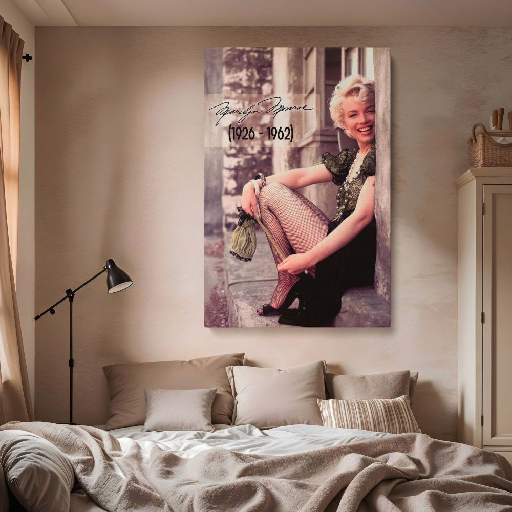 Marilyn Monroe in romantic lace blouse and fishnet stockings with heels smiling beautifully perfect for vintage canvas print home decor gift for her.
