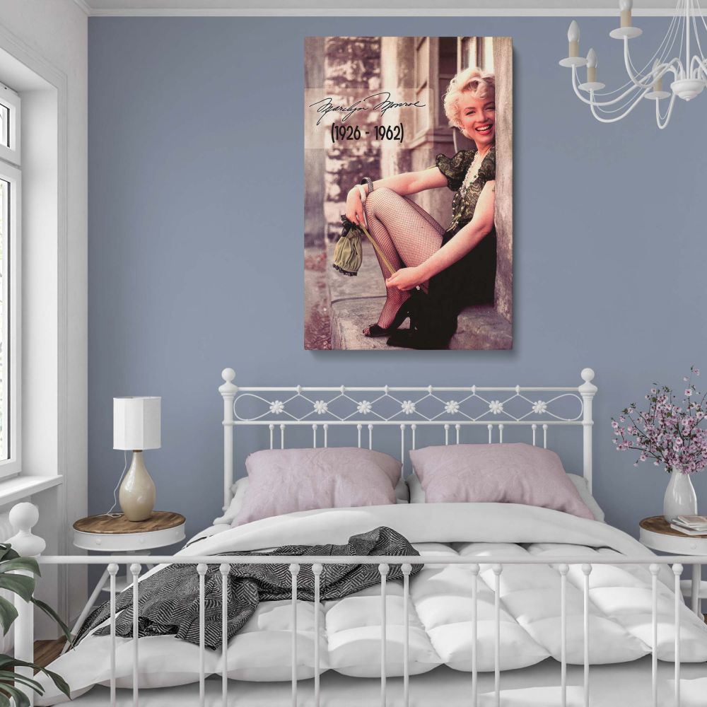 Elegant Marilyn Monroe canvas print featuring her in fishnets and lace blouse taken in 1956 ideal for trendy vintage wall art and home decoration.