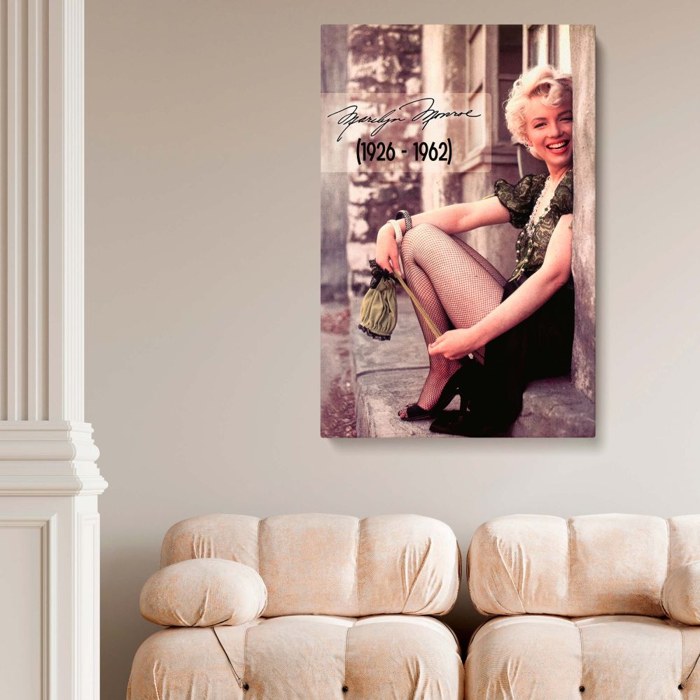 Marilyn Monroe captured by Milton Greene 1956 in puff sleeve lace blouse sitting on steps with fishnet stockings stunning canvas art for living room.
