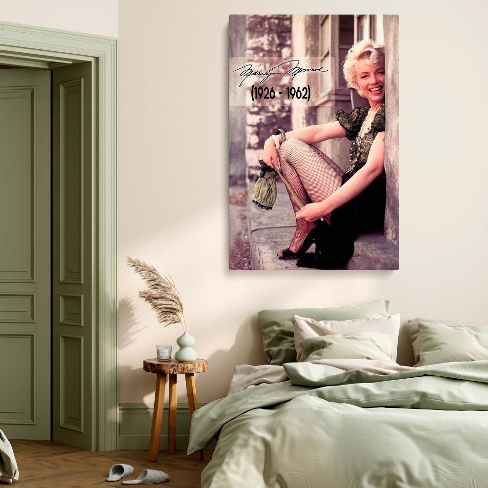 Glamorous vintage style wall art of Marilyn Monroe wearing lace puff sleeves and fishnets smiling radiant and ready to adorn your home decor.