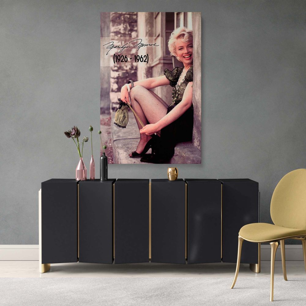 Marilyn Monroe in a sensual and soft portrait wearing vintage lace blouse with heels and stockings ideal canvas wall art for bedroom or gift for her.