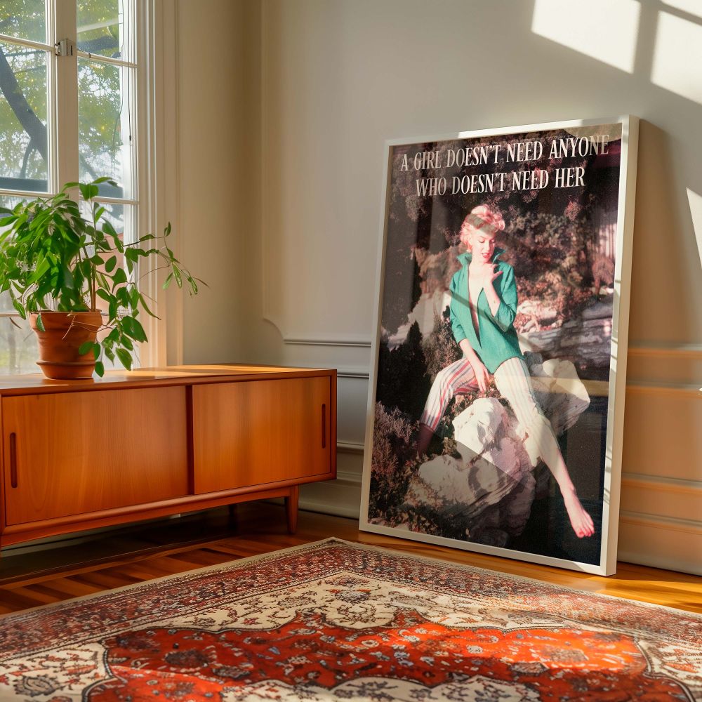 Iconic Marilyn Monroe photo featuring her in relaxed pose on garden stone with soft lighting pastel stripes and green fashion plus a meaningful quote this retro print serves as both aesthetic vintage art and a daily motivational reminder.
