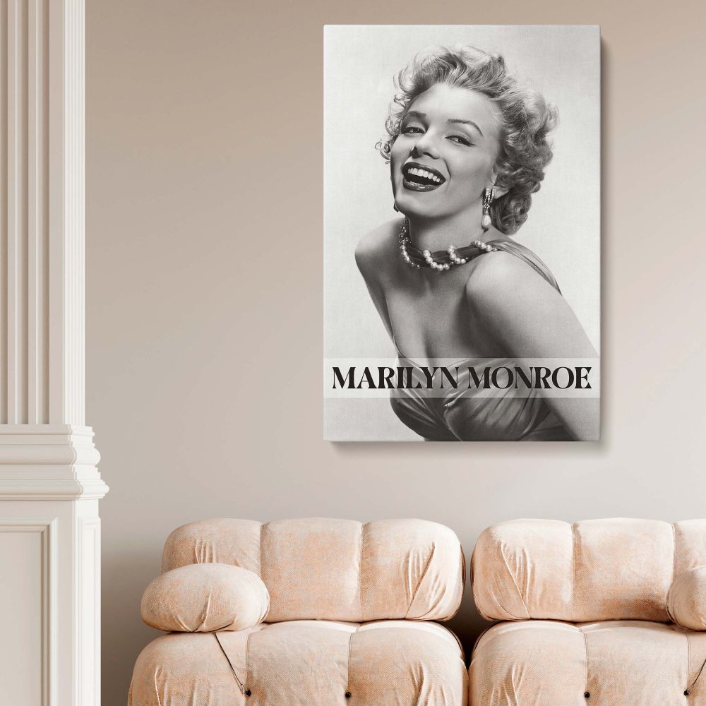 Retro Hollywood-style canvas of Marilyn Monroe captured in cheerful pose wearing pearl necklace ideal for vintage decor lovers and timeless actress photography fans.