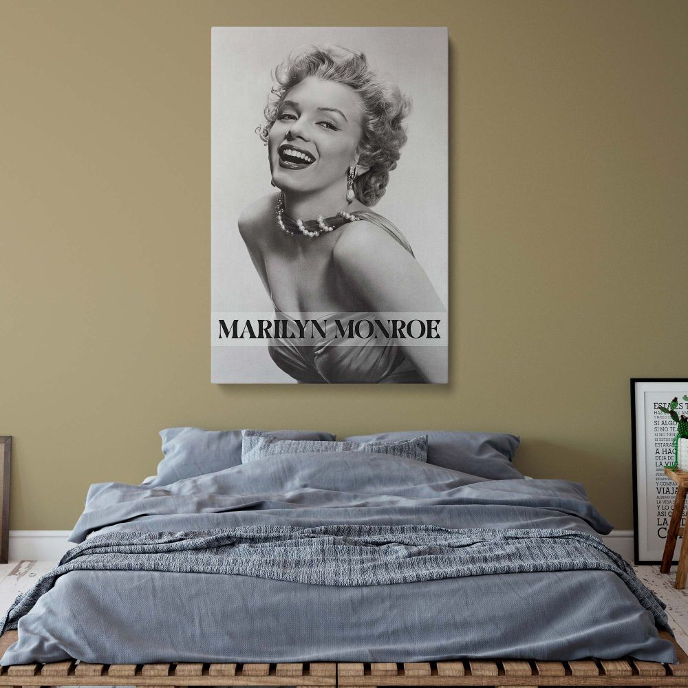 Marilyn Monroe classic actress print in black and white with soft lighting and joyful expression for collectors of vintage Hollywood canvas and old film icons.