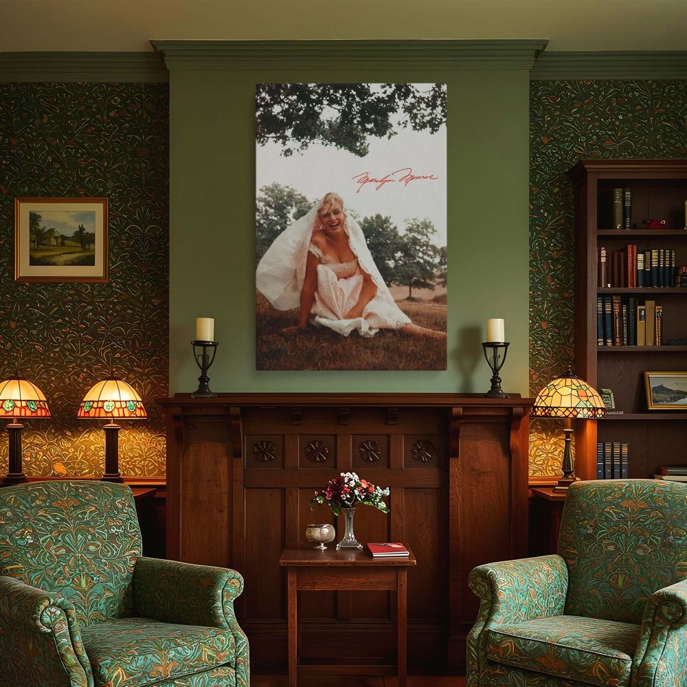Captivating portrait wall art of Marilyn Monroe in an outdoor setting smiling while dressed in a bridal-style gown perfect for collectors of 1950s icons classic film imagery and feminine vintage style decor for home or gallery walls.