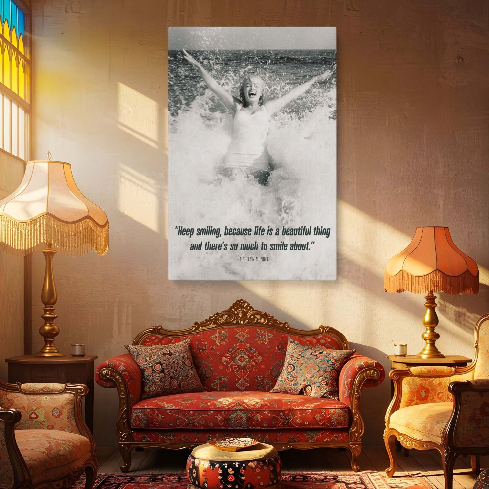 Vintage-style artwork showing Marilyn Monroe in a white swimsuit celebrating life in the ocean with a quote about smiling perfect for adding empowering self love energy to your bedroom or workspace with iconic Hollywood charm.