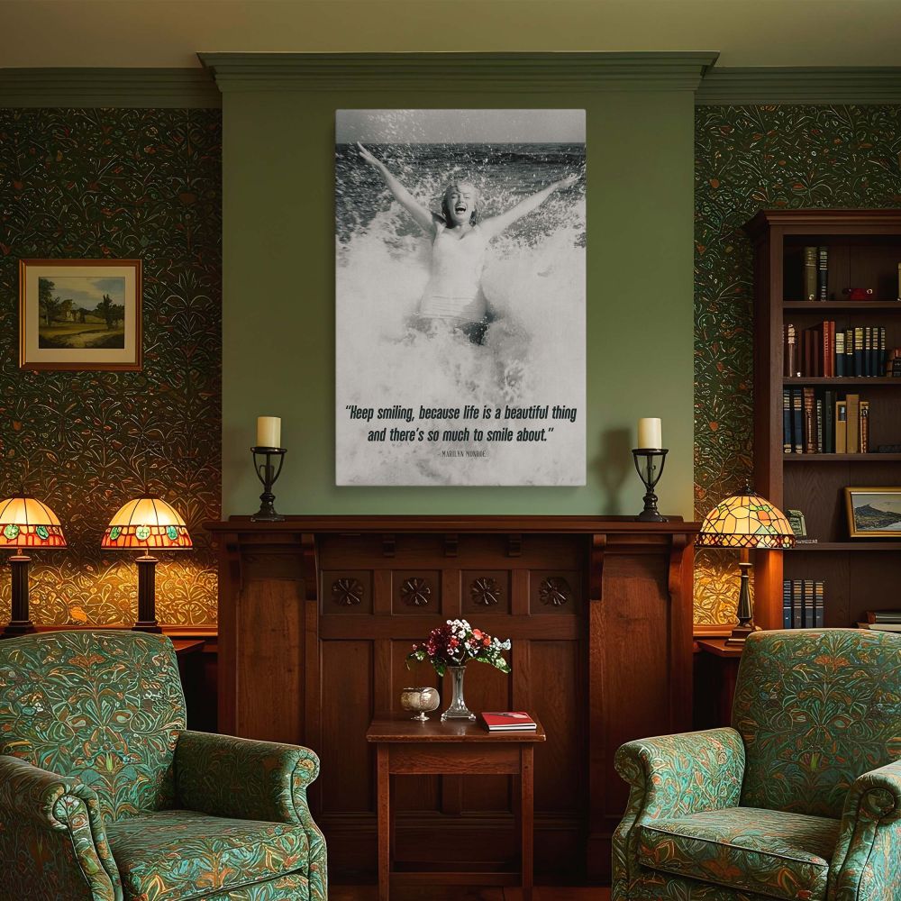 Inspiring quote art showing Marilyn Monroe laughing in joy while being splashed by sea foam accompanied by her quote about smiling and appreciating life great for fans of vintage prints and classic movie star motivation art.