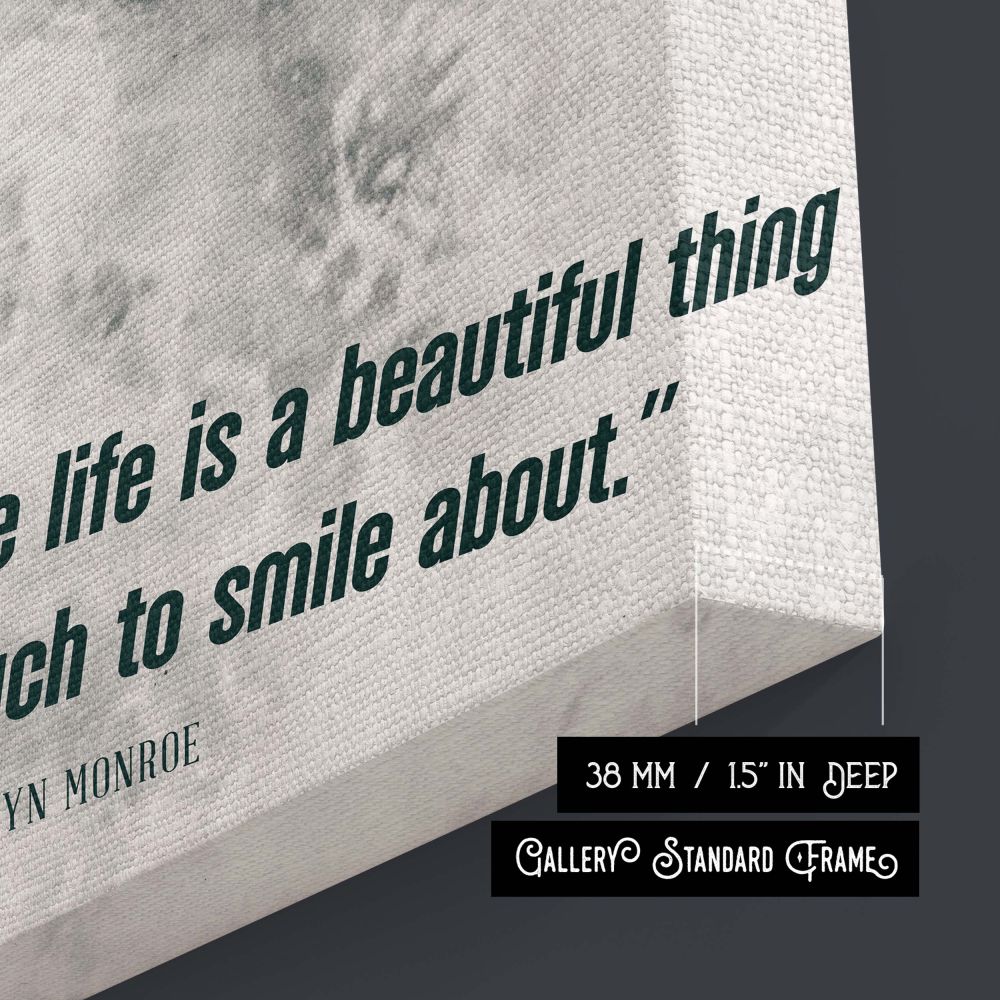 Vintage Marilyn Monroe quote print showing her full of joy on the beach with her iconic smile and water splashing around paired with her encouraging life philosophy suitable for those who love retro wall art and positive energy.