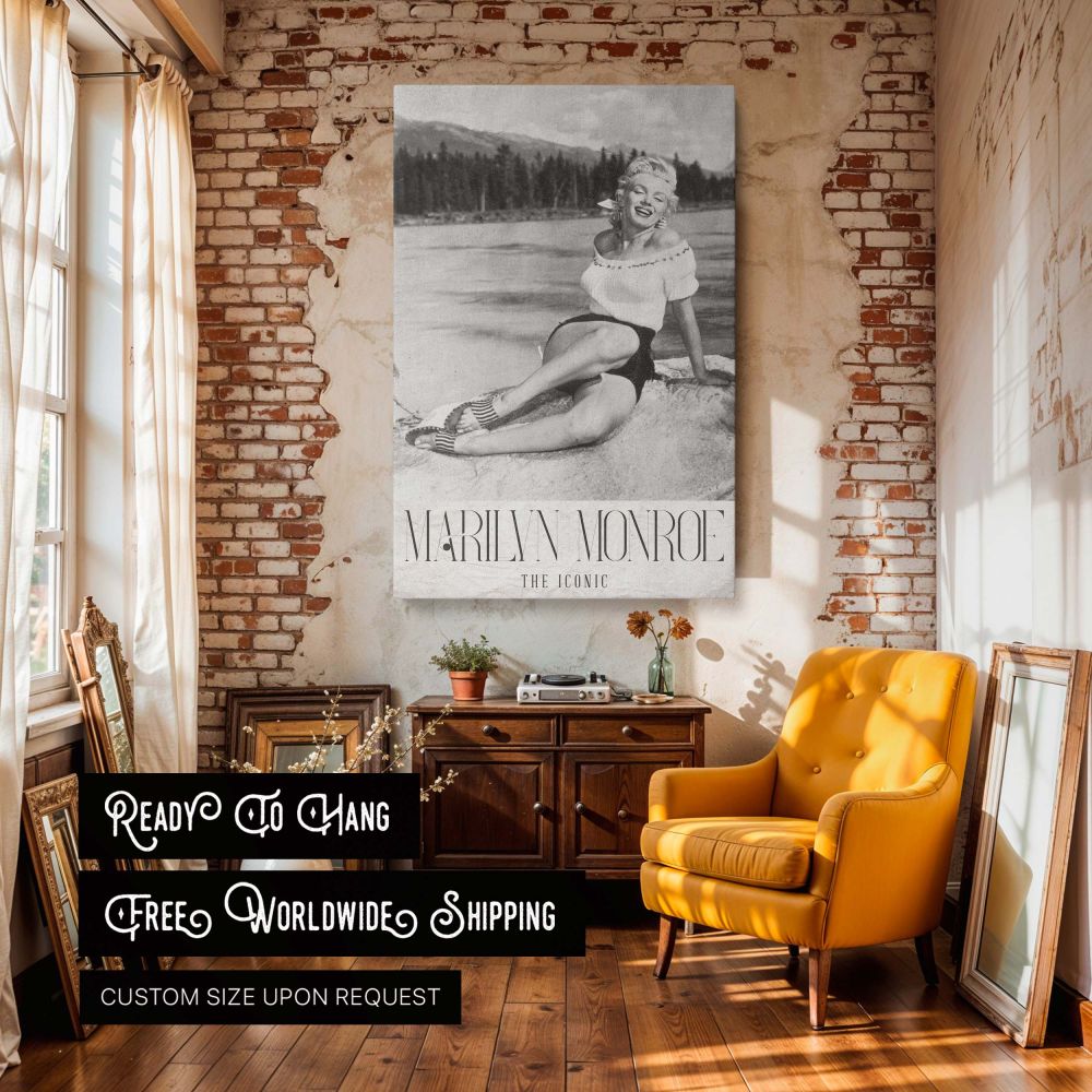 Timeless photo of Marilyn Monroe smiling by a mountain lake printed in high-quality black and white making it an ideal piece of vintage-inspired home decor or a thoughtful gift for fans of iconic actresses and retro fashion from the 1950s golden age.