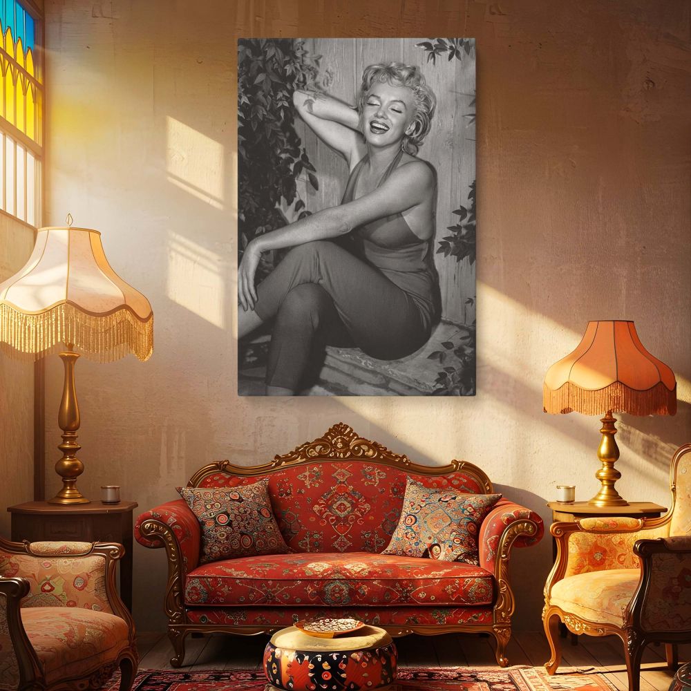 A radiant moment with Marilyn Monroe laughing in a form-fitting red jumpsuit this black and white portrait is full of vintage charm perfect for wall art fans of 1950s fashion film history and classic celebrity glamour styling.