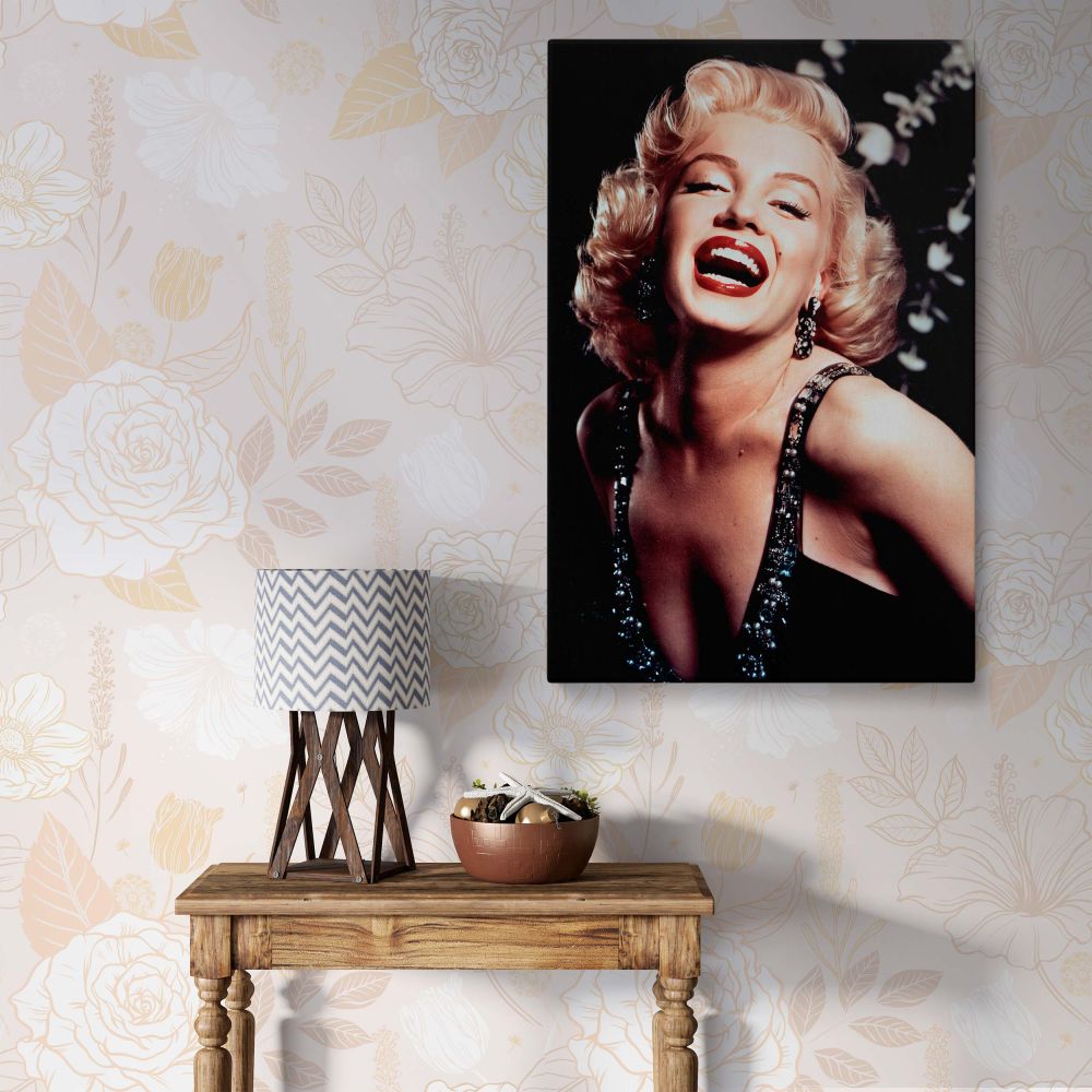 Marilyn Monroe laughing joyfully in glamorous sequin dress with red lipstick and blonde curls captured in vintage Hollywood portrait canvas art for confident actress wall decor perfect for retro woman fans seeking elegant, bold photo print.