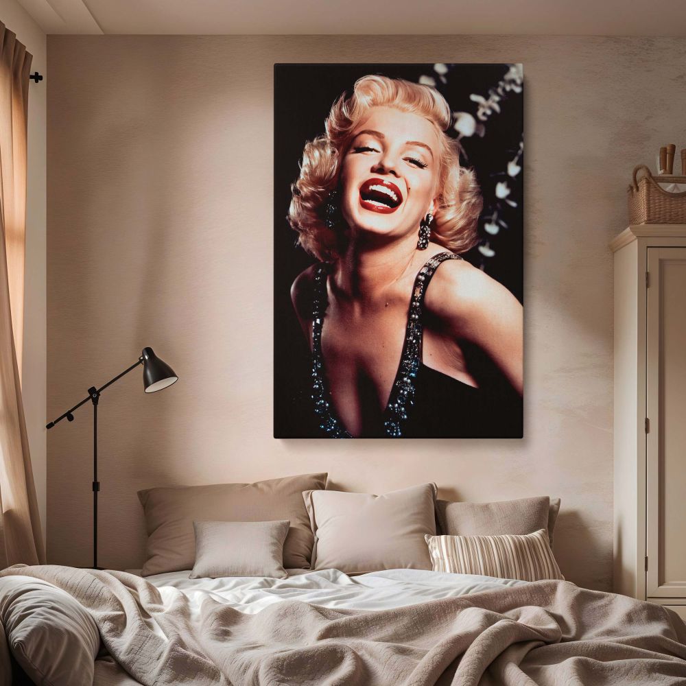 Vintage photo of Marilyn Monroe with radiant smile in sequin gown showing timeless beauty and confidence great as retro woman wall art and vintage Hollywood portrait canvas for living rooms, offices, or dressing rooms.