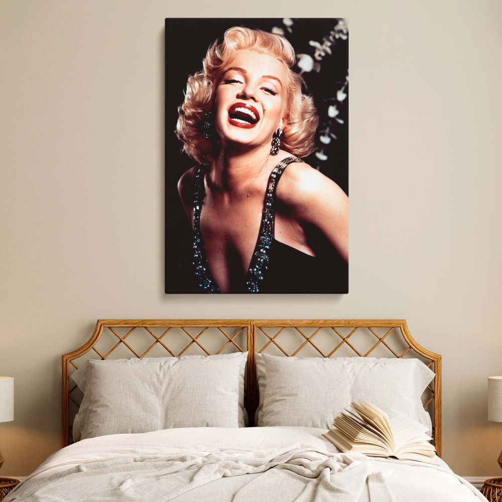 Marilyn Monroe laughing in a dazzling sequin dress and earrings under soft lighting captured in classic vintage Hollywood portrait canvas ideal for confident woman photo print and glamorous retro decor collectors.