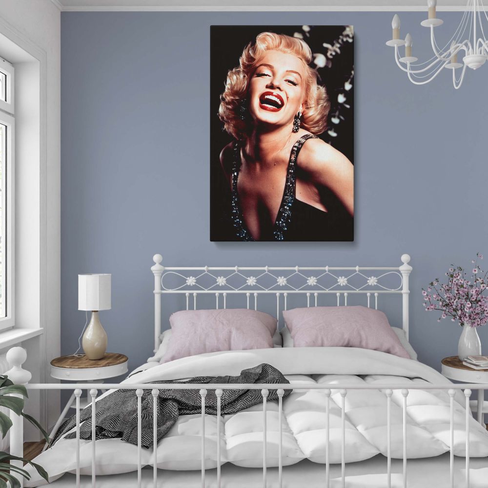 This retro woman wall art features Marilyn Monroe in an unforgettable laughing pose with elegant styling and iconic beauty making it a standout vintage Hollywood canvas for home or gallery spaces celebrating film legends.