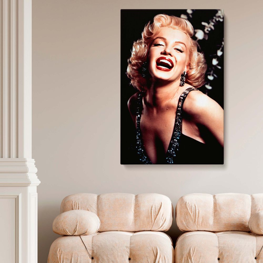 Marilyn Monroe glamorous photo print showing her in a moment of genuine laughter with sparkling gown and red lips designed as a confident actress photo print for those who admire vintage icons and classic Hollywood elegance.