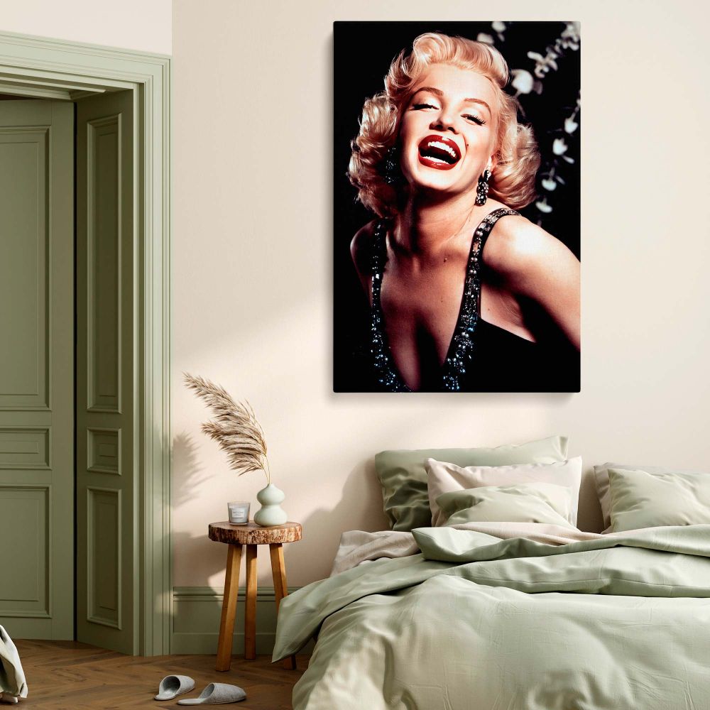 Elegant Marilyn Monroe photo in glittering dress and confident pose showcasing her charisma and beauty in a vintage Hollywood portrait canvas for fans of retro woman art and joyful, feminine decor prints.