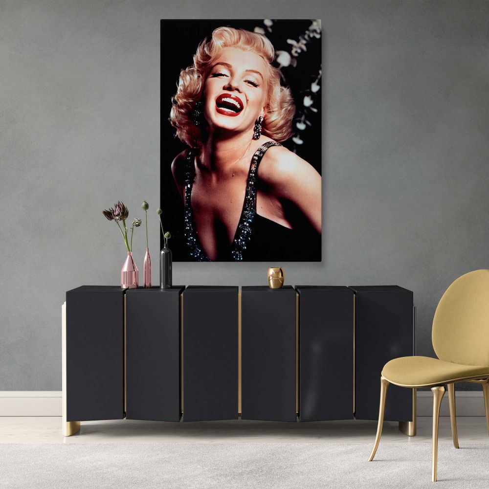 Stunning canvas print of Marilyn Monroe laughing confidently in sequin gown and vintage glam style suitable as wall art for classic film lovers seeking confident actress photo prints and timeless Hollywood portraits.
