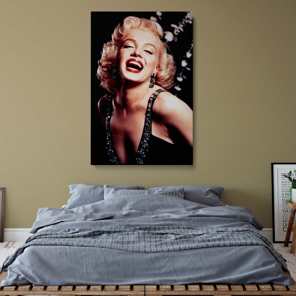 Retro-inspired Marilyn Monroe wall art featuring her iconic style and joy in a sequin dress captured in high-quality canvas print perfect for vintage lovers and admirers of confident, elegant women.