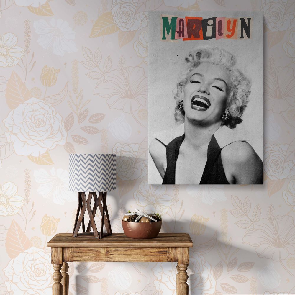 Marilyn Monroe laughing in a black and white portrait with retro collage text spelling her name ideal for vintage Hollywood canvas and retro woman wall art photo decor collectors.