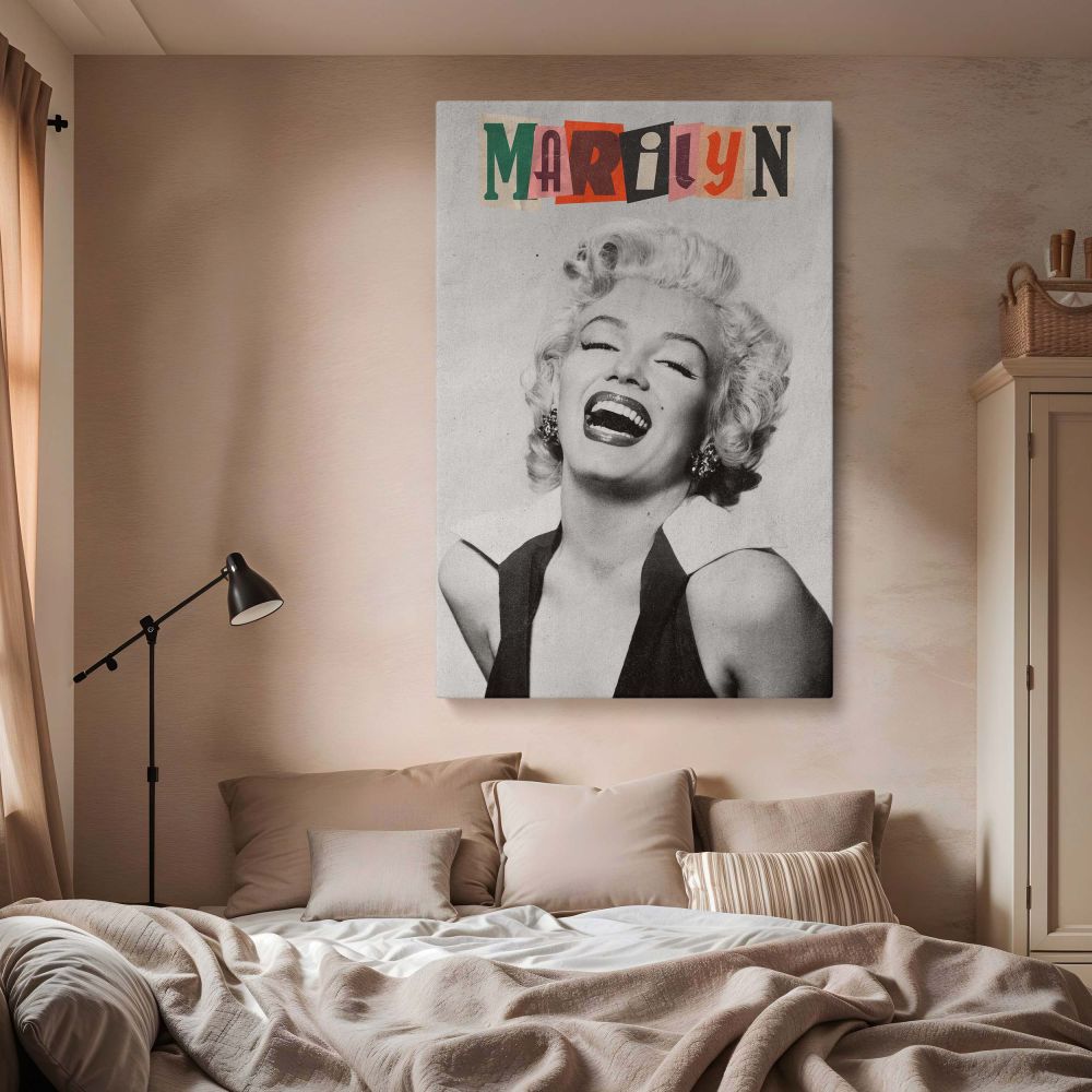 Black and white photo of Marilyn Monroe with joyful expression and bold cut-out text design perfect for retro canvas lovers and vintage Hollywood photography fans.