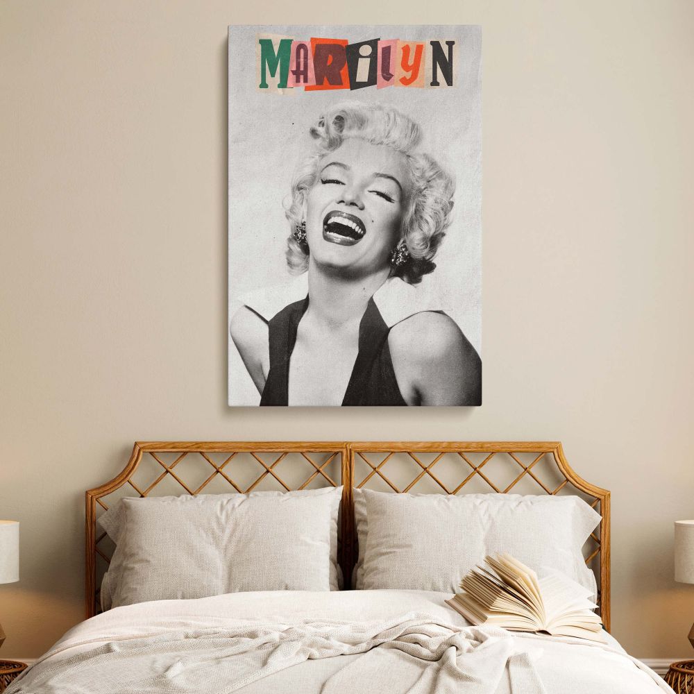 Retro woman wall art photo decor featuring Marilyn Monroe laughing with classic styling and colorful collage-style name overlay on high-quality canvas.