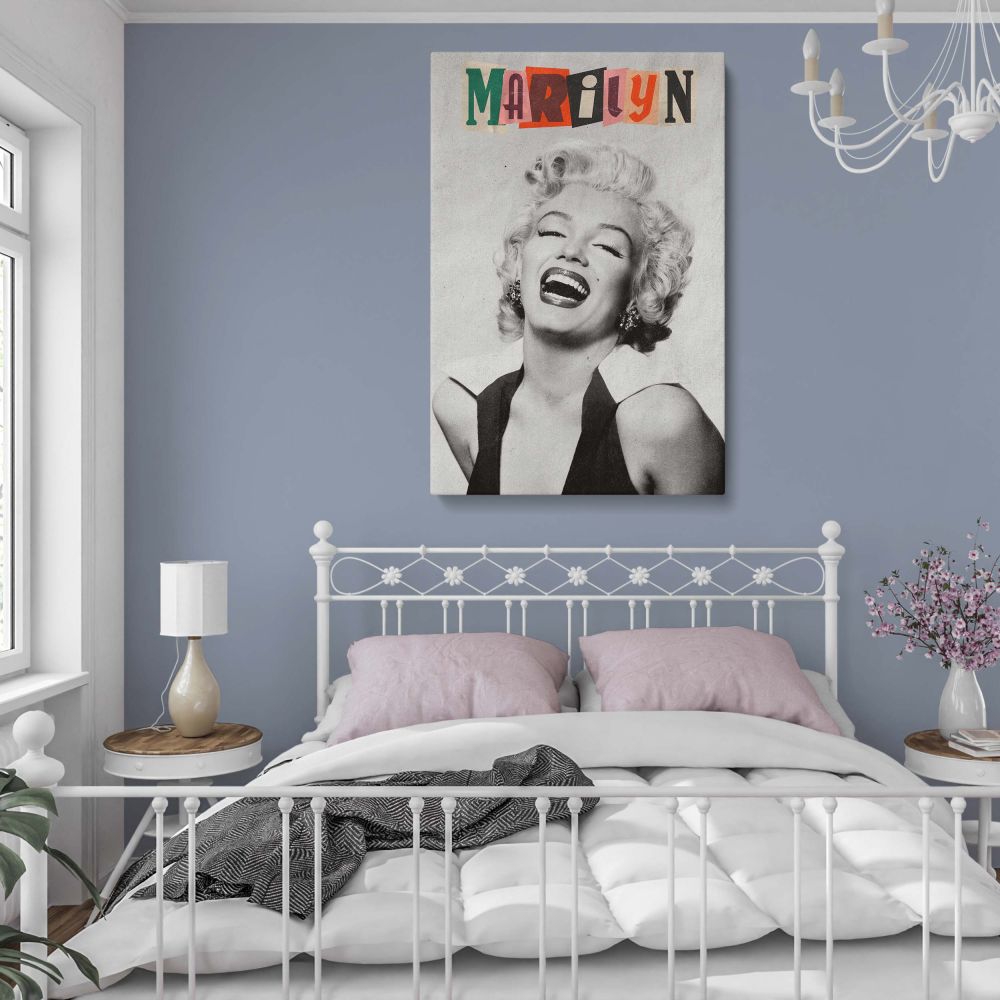 Marilyn Monroe portrait in black and white captured mid-laughter with retro art text perfect for vintage decor and Hollywood-inspired room design.