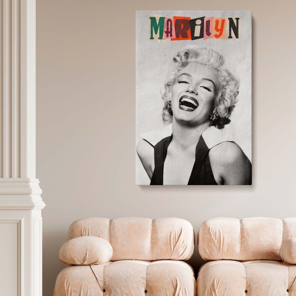 Joyful black and white portrait of Marilyn Monroe with modern retro text design above for fans of canvas print decor and iconic photo styling.