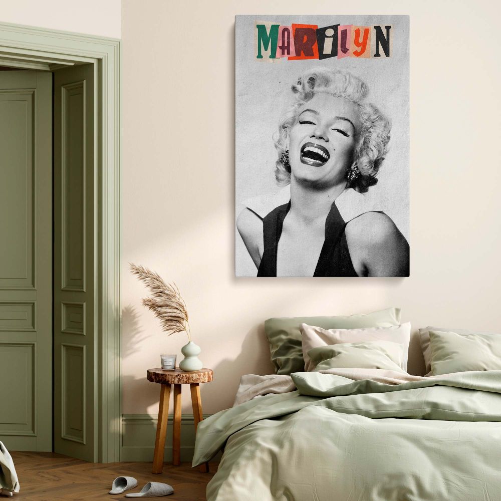 A vintage Hollywood canvas print of Marilyn Monroe with playful name text and expressive black and white photography ideal for retro room vibes.