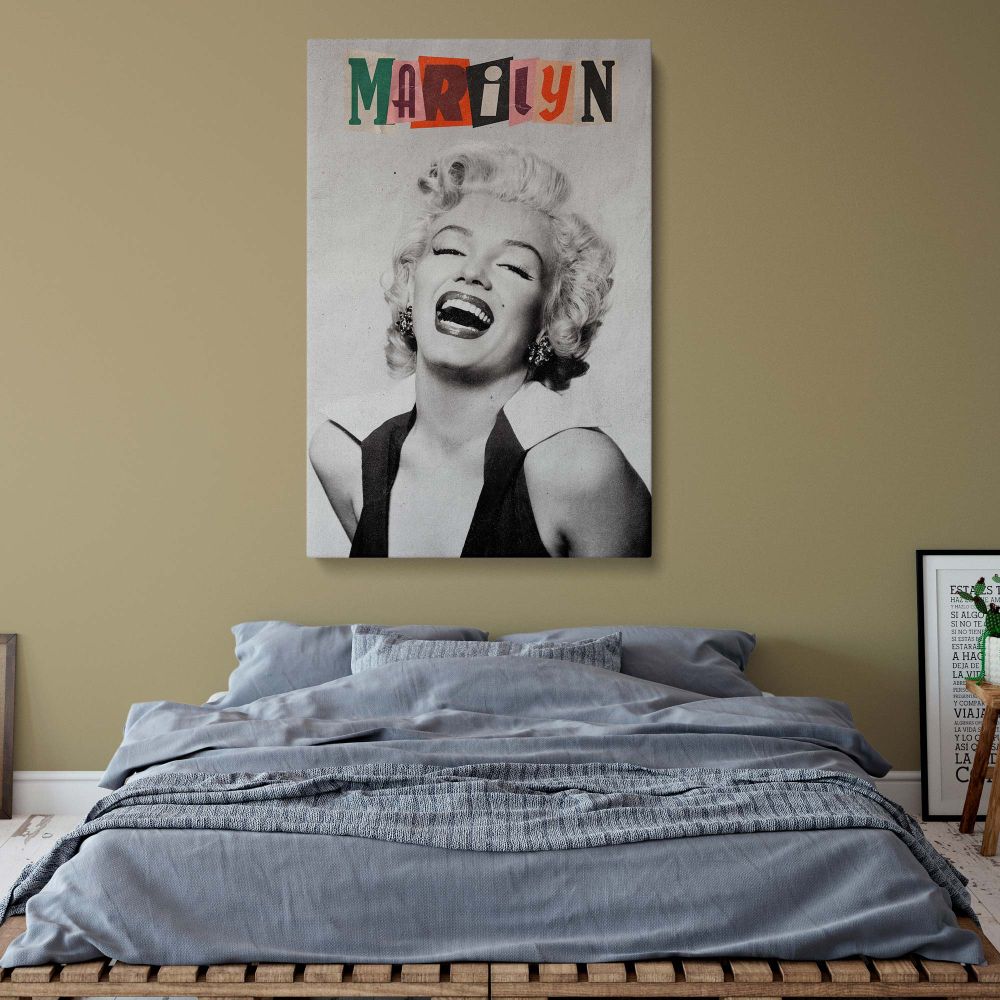 Timeless portrait of Marilyn Monroe in mid-laugh with black and white finish and cutout letter design perfect for retro woman wall styling.